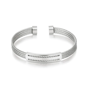 Modern silver stainless steel four-layer cable wire cuff bracelet with metal plaque
