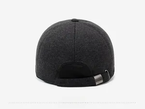 Rear view of dark grey textured wool blend baseball cap with metal buckle closure