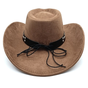 Top view of brown suede cowboy hat featuring silver rivets and decorative black band