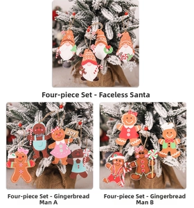 Three sets of wooden Christmas ornaments featuring gnomes and gingerbread men with JOY text