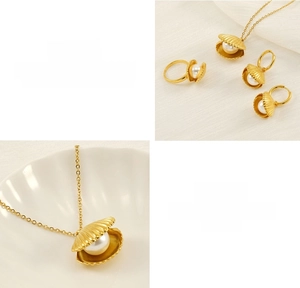 Detail shot of golden shell pearl jewelry set made of durable titanium steel