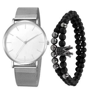 Minimalist silver mesh watch set with black beaded crown and skull bracelets on white background