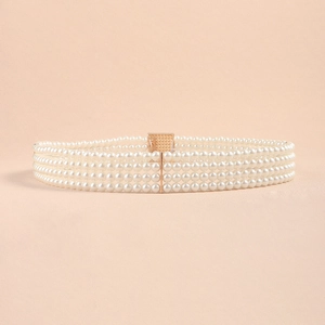 Elegant multi-layer white pearl waist chain with gold rhinestone buckle for dresses