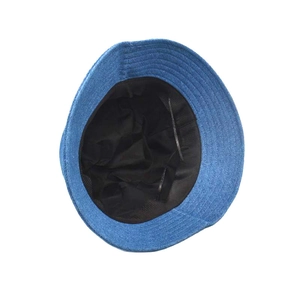 Inside view of solid blue denim bucket hat showing black lining and adjustable drawstring