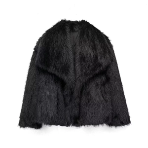 Detailed view of black faux fur texture on a warm and fluffy winter coat for women