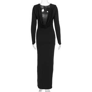 Detail of the elegant cowl back design and slim fit silhouette of the black maxi dress