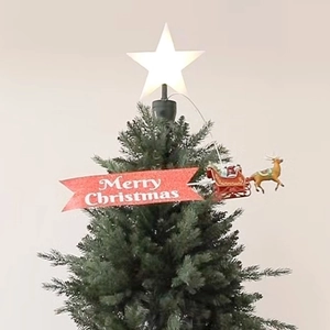 Rotating Christmas tree topper with glowing star, reindeer sleigh and Merry Christmas banner