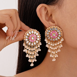 Boho Ethnic Tassel Earrings With Alloy Enamel Rhinestone And 925 Sterling Silver Earring Post Vintage Round Flower Artificial Pearl Dangle