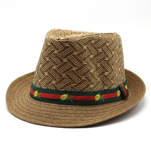 Classic straw fedora hat with wide brim and red-green striped decorative ribbon
