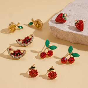 Detail of 10-piece fruit stud earrings set with rhinestones and colorful enamel