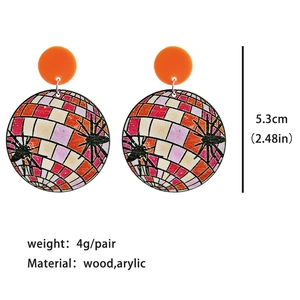Colorful disco ball earrings with spider pattern for Halloween, wood and acrylic material