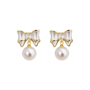 Elegant 925 silver needle pearl bow earrings with gold plating and sparkling zircon