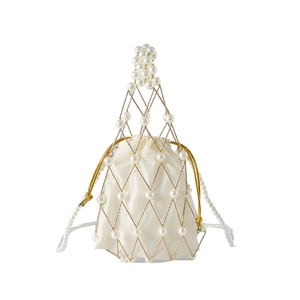 Elegant beaded bucket bag with white faux pearls and satin drawstring pouch interior