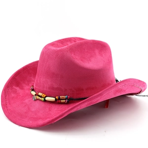 Close-up of pink suede cowboy hat featuring colorful ethnic handmade beaded band