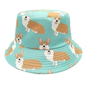 Detailed view of mint green bucket hat featuring full print of corgi dog patterns