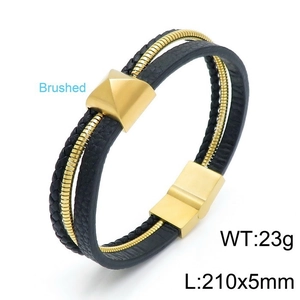 Détail du bracelet multicouche en cuir noir avec fermoir en acier doré et dimensions