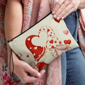 Valentine's Day gnome makeup bag in cream canvas with hand strap and zipper