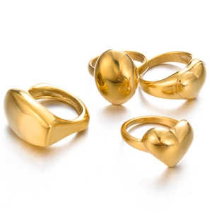 Set of four minimalist gold stainless steel rings in heart, oval, and square shapes