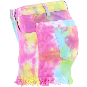 Detail of high-waisted tie-dye denim shorts featuring colorful gradient and frayed edges