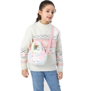 Rainbow unicorn plush crossbody bag for girls with adjustable pink strap and top handle
