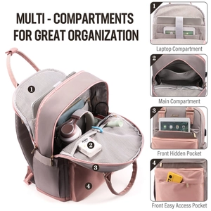 Detail view of pink and grey multi-compartment backpack showing laptop storage layout