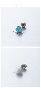 Macro detail of heart-shaped opal stud earrings with screw flat back, size 0.5cm