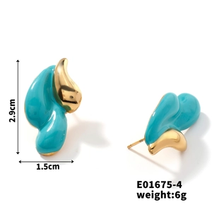 Detailed specs of blue enamel teardrop earrings measuring 2.9cm by 1.5cm and weighing 6g