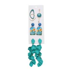6-piece geometric acrylic and enamel earring set with blue floral and gold accents