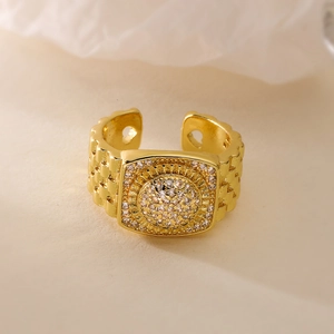 Luxury 18K gold plated geometric open ring with cubic zirconia on textured background