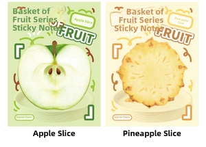 Close-up of fruit-shaped sticky notes featuring green apple and yellow pineapple slices