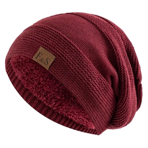 Winter wine red knitted beanie with thick fleece lining and FS leather patch detail