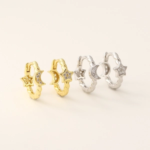 S925 silver hoop earrings with gold and silver stars and moons set with crystals