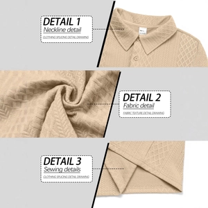 Men's textured waffle knit polo shirt with lapel collar and long sleeves in beige color