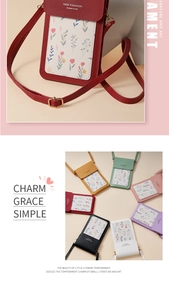 Detail shot of mini crossbody phone bags in various colors with floral pattern inserts