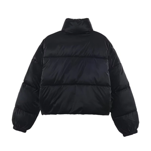 Glossy black windproof puffer jacket for women with high stand collar back view