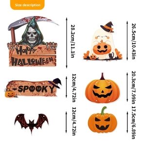 Size chart for Halloween party decorations including pumpkin, bat, and ghost ornaments