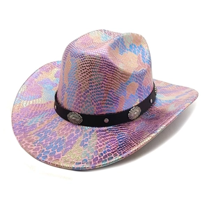 Rainbow snakeskin cowboy hat with a black leather band and vintage silver buckles