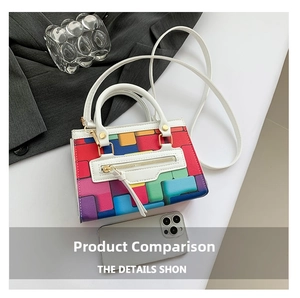 Close-up of colorful geometric patchwork handbag with white straps and gold hardware