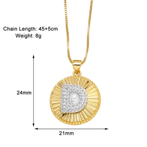 Detail view of gold letter D pendant necklace with dimensions and chain length specs