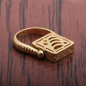 Minimalist gold lion head ring featuring hollow square star and moon pattern design