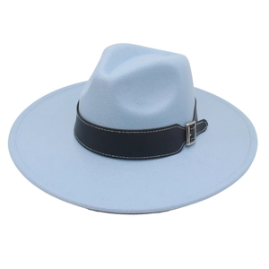 Close-up of light blue wool felt fedora hat featuring a black faux leather belt buckle strap