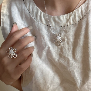 S925 silver hollow flower jewelry set including necklace and ring with zircon accents