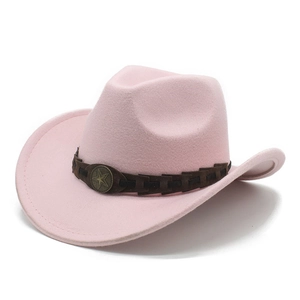 Pink western cowboy felt hat detail featuring brown leather strap and vintage star badge
