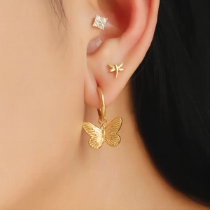 Stainless Steel Hoop Earrings 18K Gold Plated Butterfly Bee Sun Pendant French Style Vintage Elegant Jewelry For Women