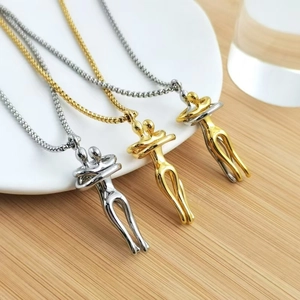 Minimalist hug couple pendant necklace set in gold and silver finish for couples