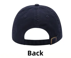 Adjustable back strap of the navy blue cotton baseball cap with bronze metal buckle
