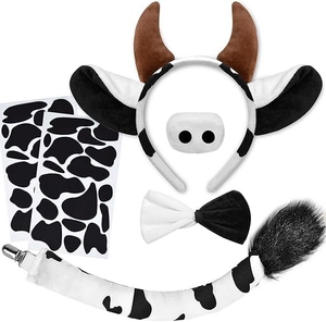 Detailed view of plush cow costume set including headband, nose, bowtie, and wired tail