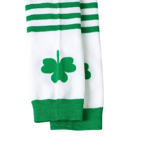 Detail of St. Patrick's Day green striped socks with shamrock patterns and ribbed cuffs