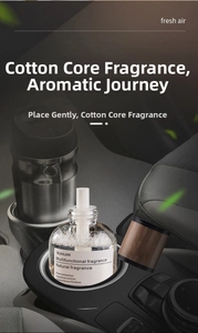 Car aromatherapy kit with glass bottle and wooden lid in vehicle cup holder setup