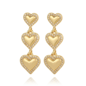 Three-tiered heart dangle earrings in 18K gold plating with shimmering zircon pavé accents